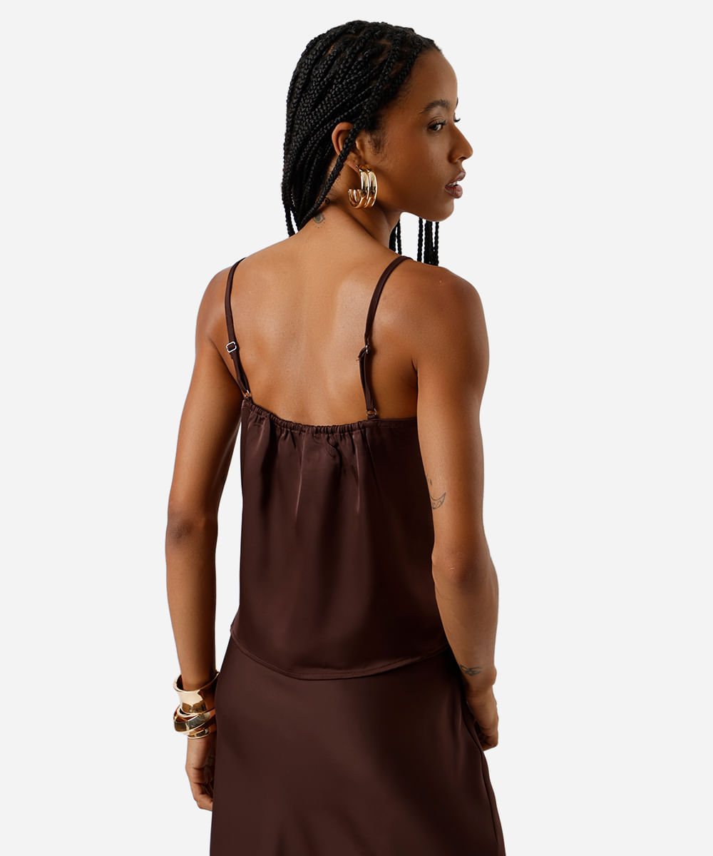 regata alça fina feminina com renda acetinada marrom