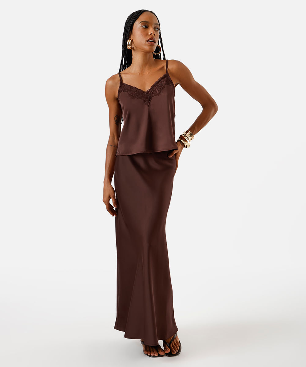 regata alça fina feminina com renda acetinada marrom