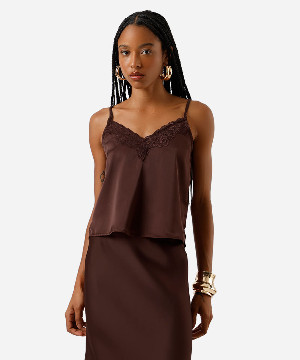 regata alça fina feminina com renda acetinada marrom