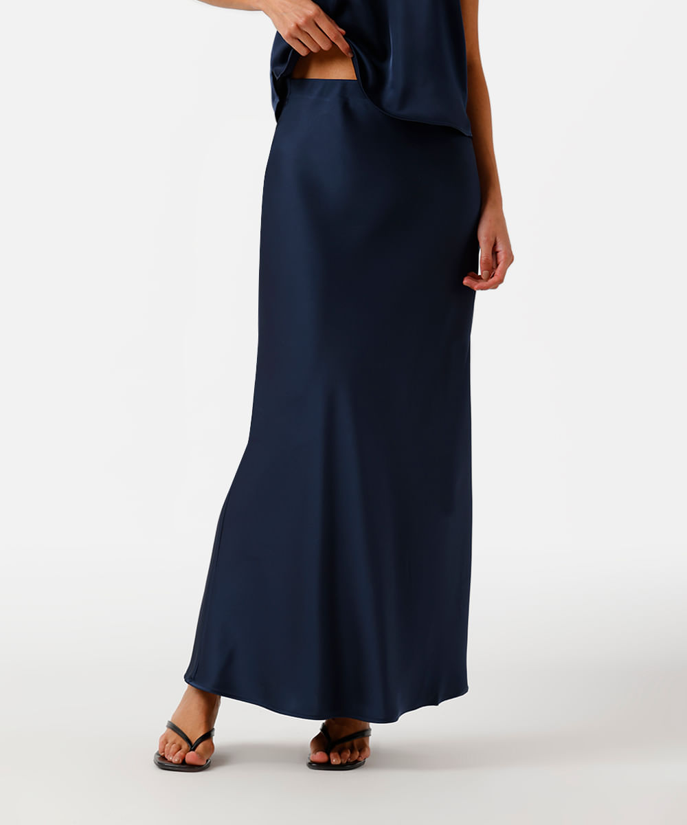 saia longa feminina evasê acetinada cós elástico azul