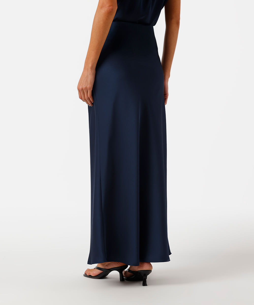 saia longa feminina evasê acetinada cós elástico azul