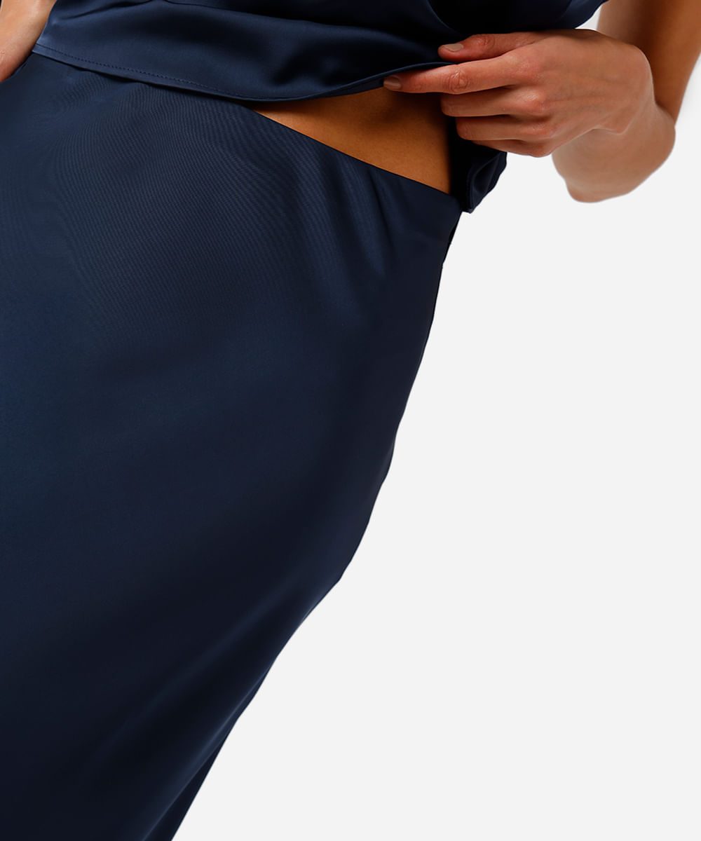 saia longa feminina evasê acetinada cós elástico azul
