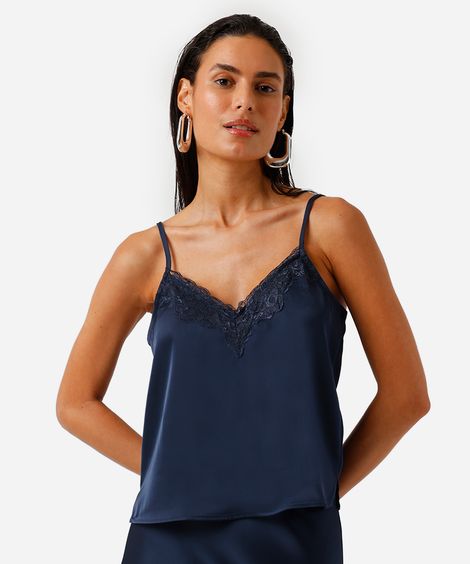 regata alça fina feminina com renda acetinada azul