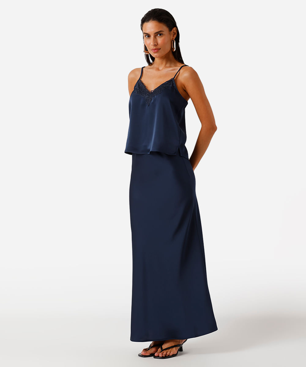 regata alça fina feminina com renda acetinada azul