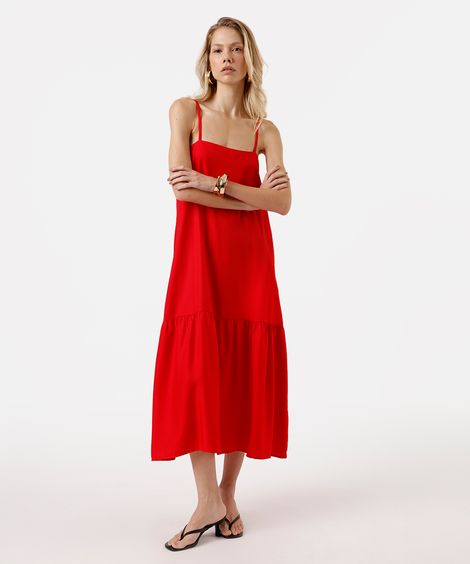 vestido midi alça fina feminino com viscose e recorte decote quadrado vermelho