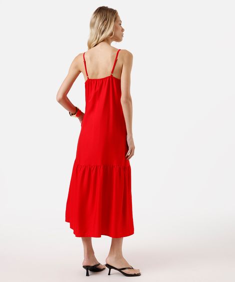 vestido midi alça fina feminino com viscose e recorte decote quadrado vermelho
