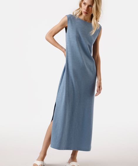 vestido longo feminino de algodão com fendas azul