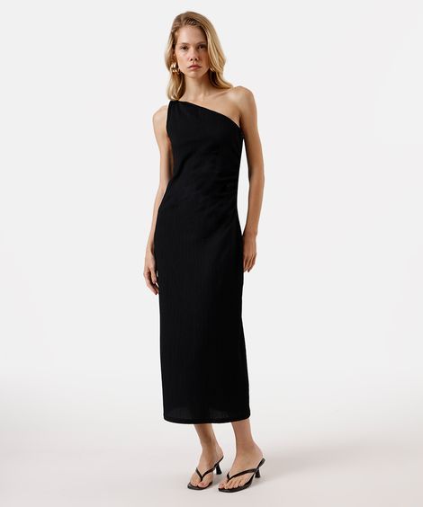 vestido midi feminino ombro único texturizado preto