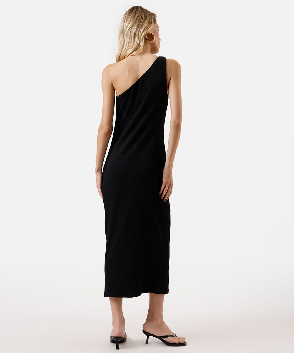 vestido midi feminino ombro único texturizado preto