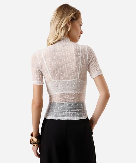blusa feminina de tule gola alta texturizada off white