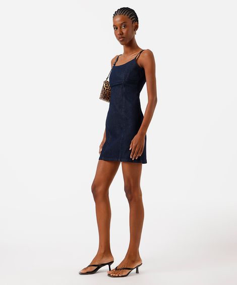 vestido curto alça fina feminino jeans com fenda azul