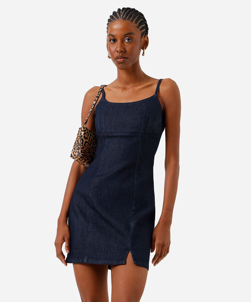 vestido curto alça fina feminino jeans com fenda azul