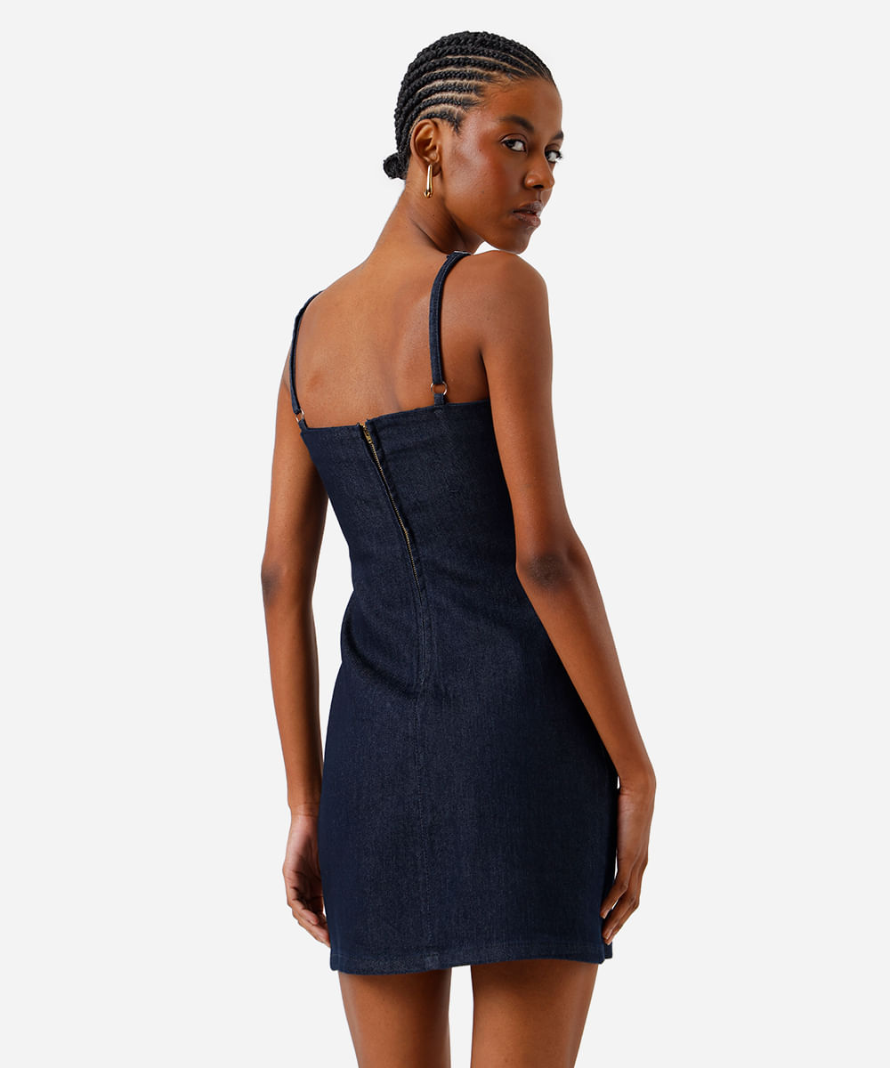 vestido curto alça fina feminino jeans com fenda azul