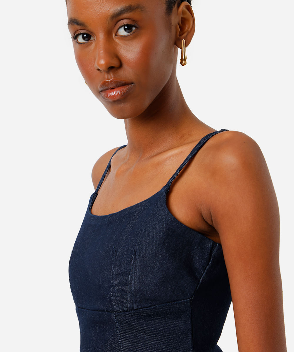 vestido curto alça fina feminino jeans com fenda azul