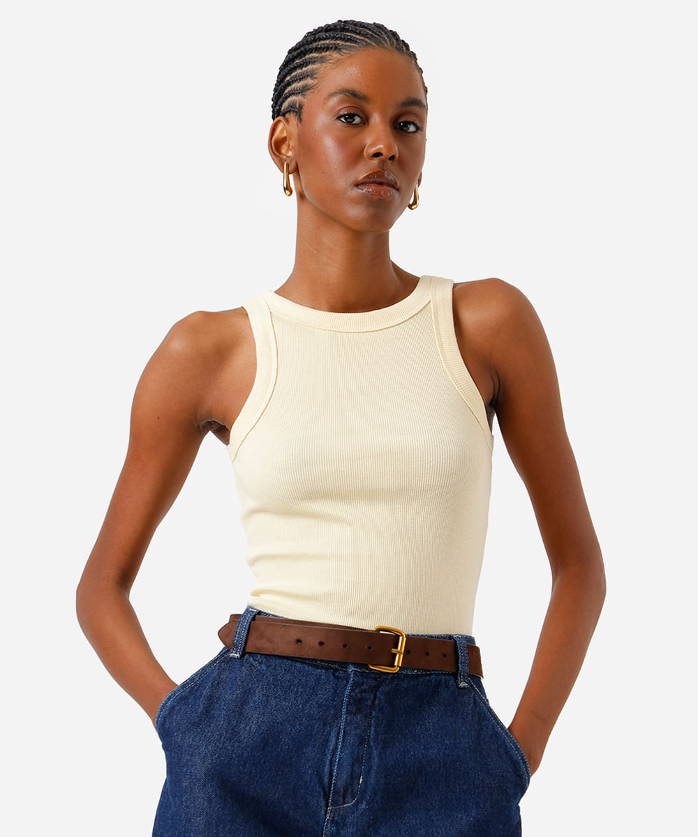 regata feminina de algodão canelada amarela