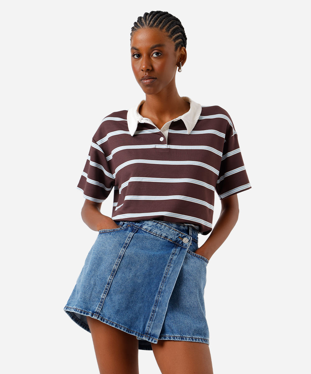 short saia feminino jeans cós deslocado azul