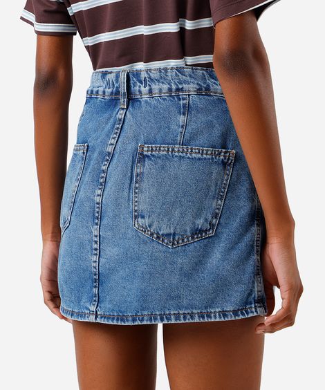 short saia feminino jeans cós deslocado azul