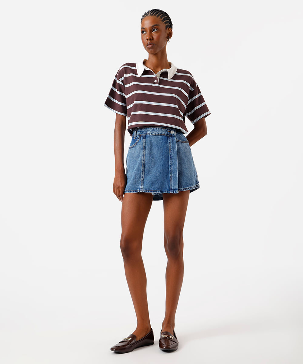 short saia feminino jeans cós deslocado azul