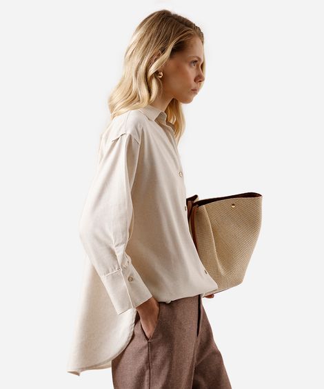 camisa feminina com linho manga longa bege