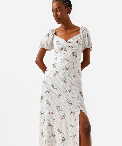 vestido midi feminino de viscose com fenda poá e floral off white