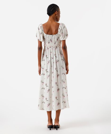 vestido midi feminino de viscose com fenda poá e floral off white