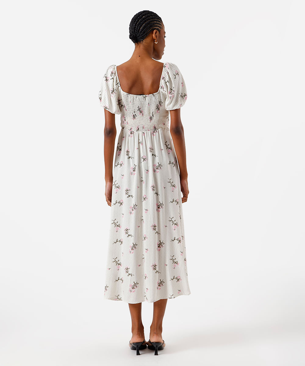 vestido midi feminino de viscose com fenda poá e floral off white
