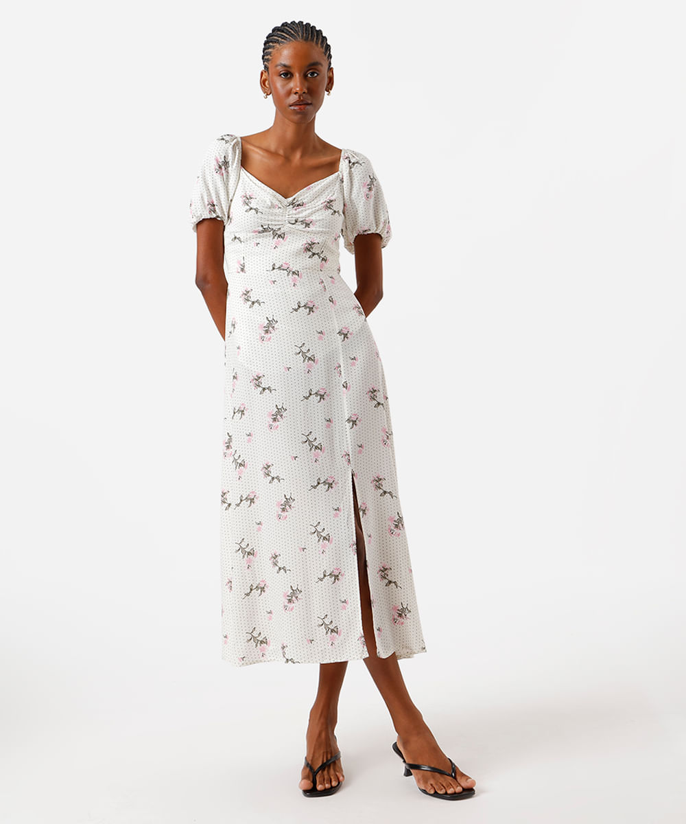 vestido midi feminino de viscose com fenda poá e floral off white
