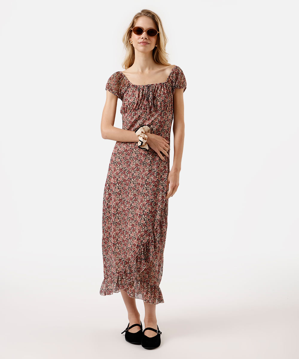 vestido midi feminino de tule com babado floral rosa