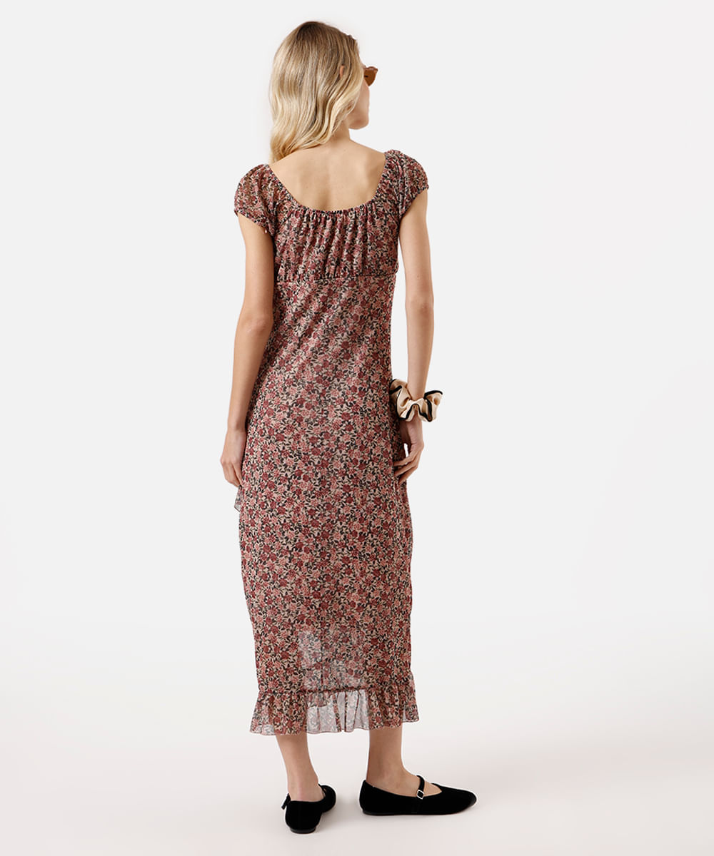 vestido midi feminino de tule com babado floral rosa