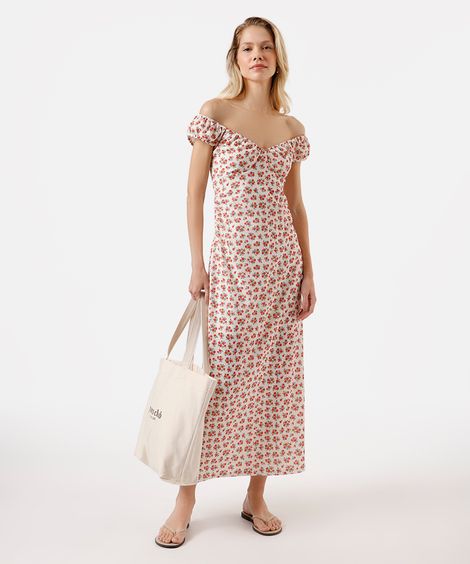 vestido midi feminino ombro a ombro floral off white