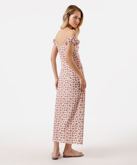 vestido midi feminino ombro a ombro floral off white