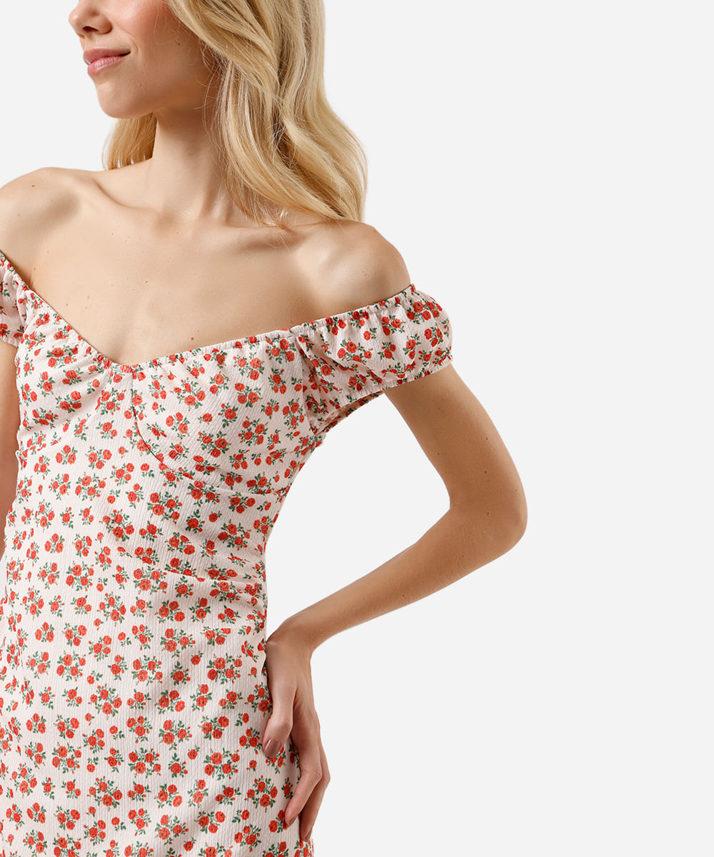 vestido midi feminino ombro a ombro floral off white