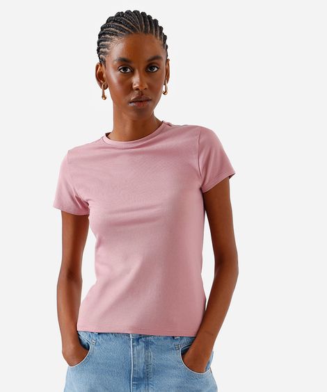 camiseta básica feminina de algodão manga curta rosa
