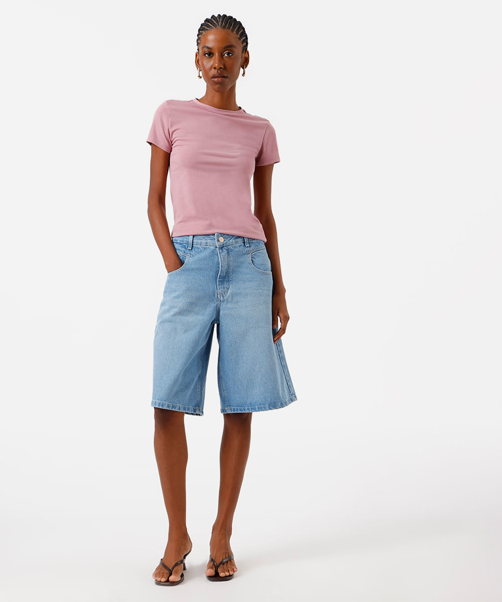 camiseta básica feminina de algodão manga curta rosa