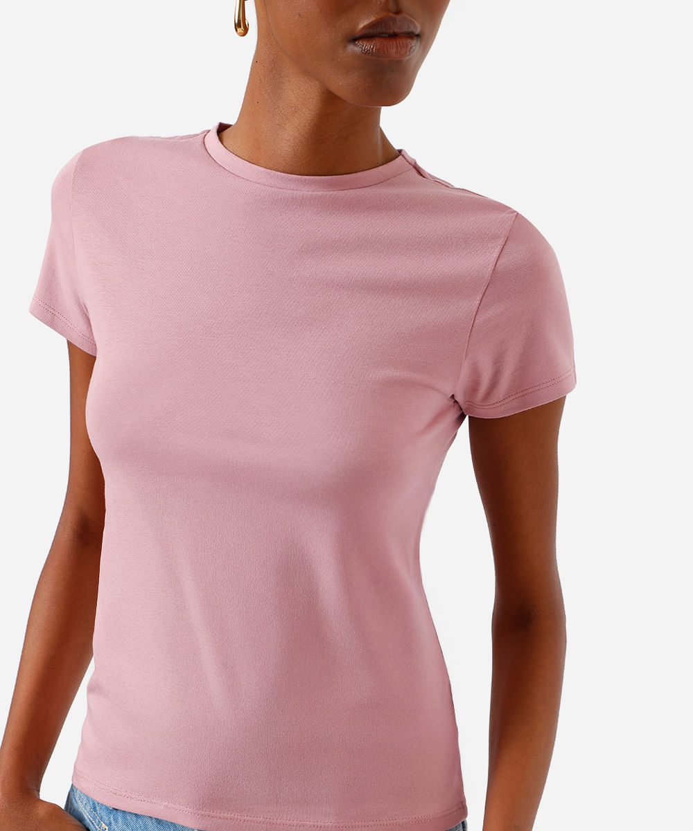 camiseta básica feminina de algodão manga curta rosa