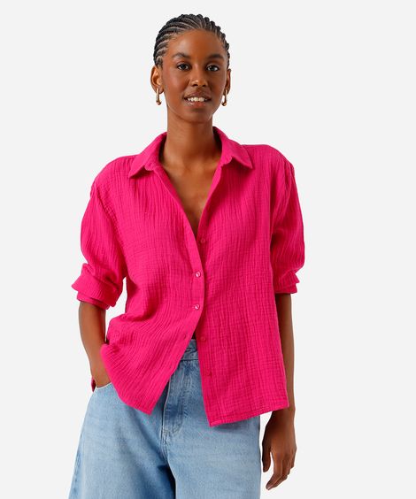 camisa feminina de algodão texturizada rosa