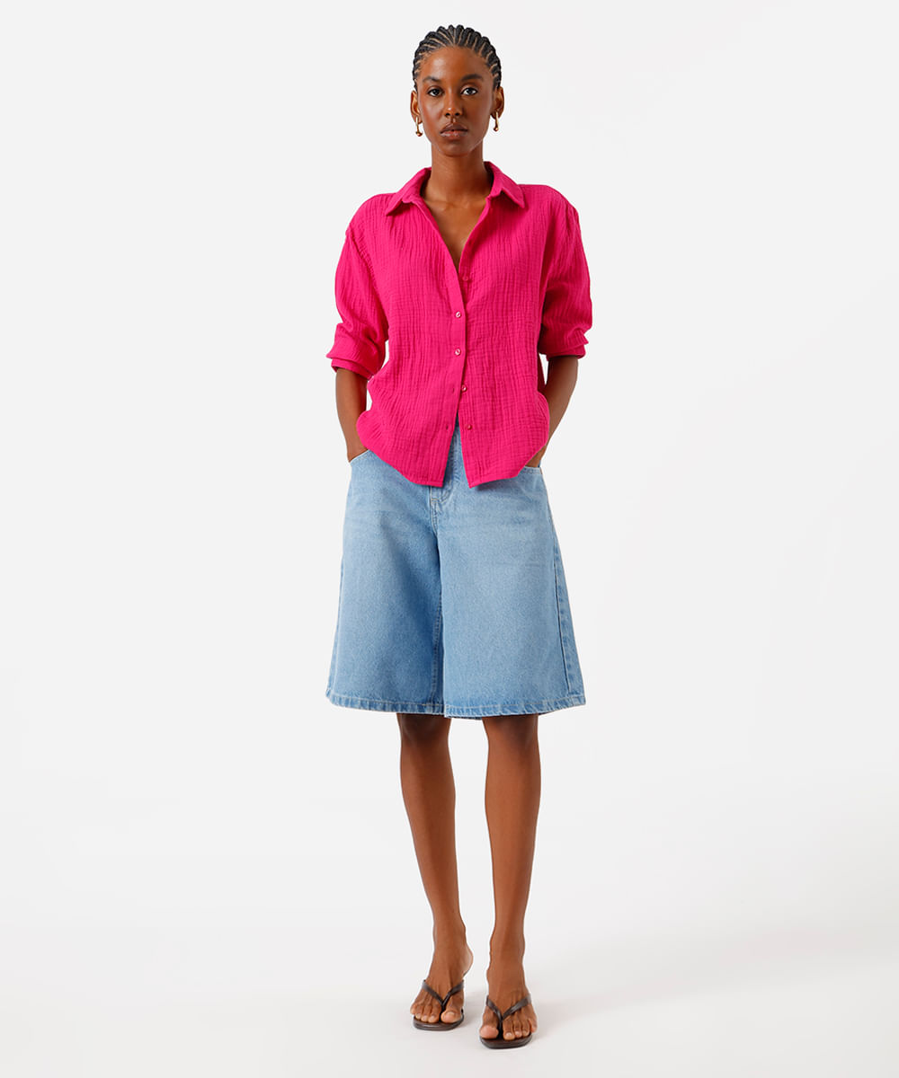 camisa feminina de algodão texturizada rosa