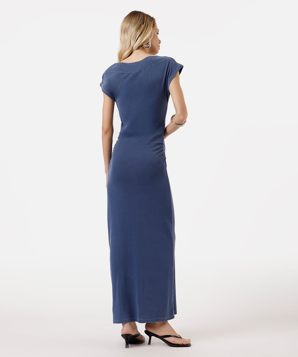 vestido longo feminino de algodão com franzidos estonado azul