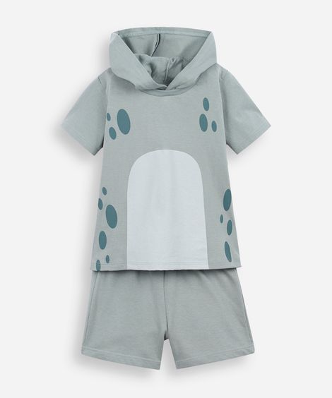 conjunto curto infantil de algodão com capuz dino verde