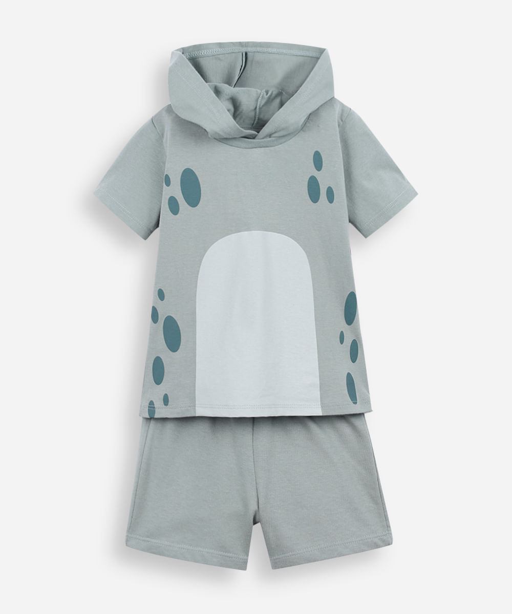 conjunto curto infantil de algodão com capuz dino verde