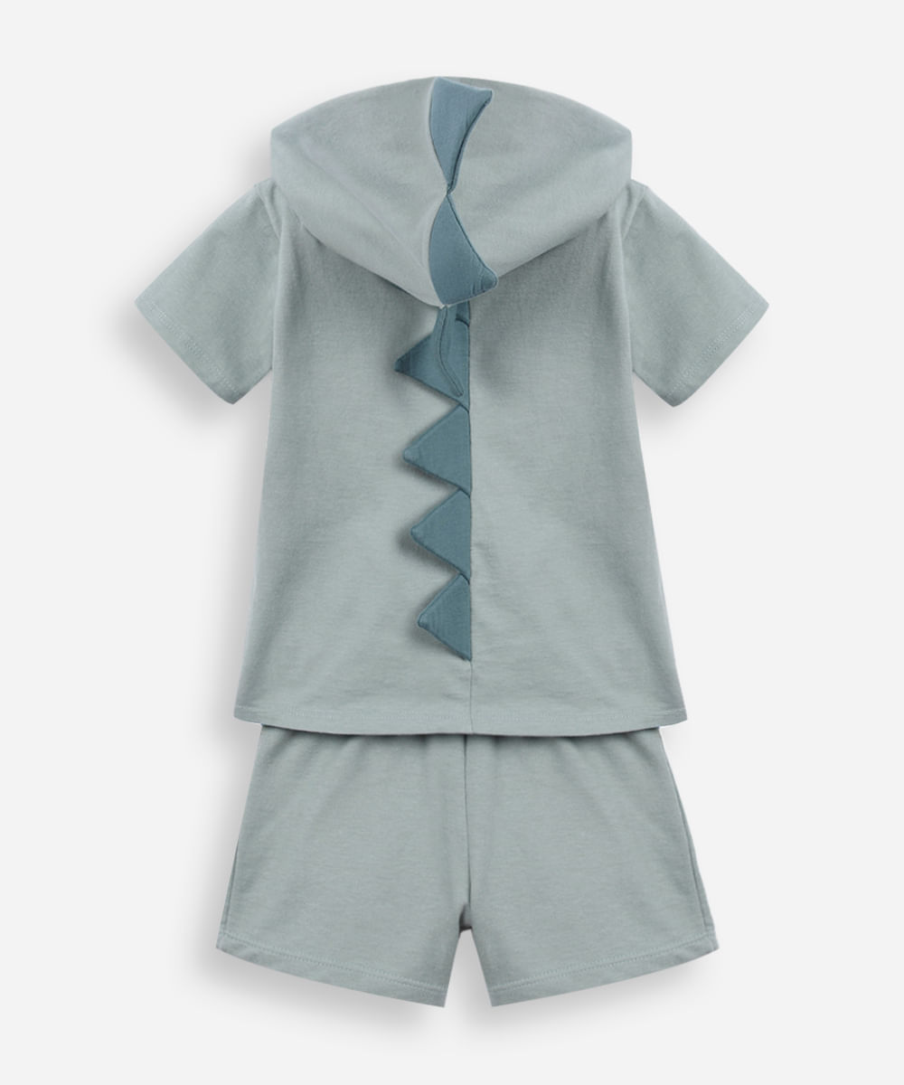 conjunto curto infantil de algodão com capuz dino verde