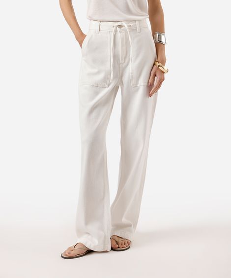 calça wide leg slim feminina de sarja texturizada off white