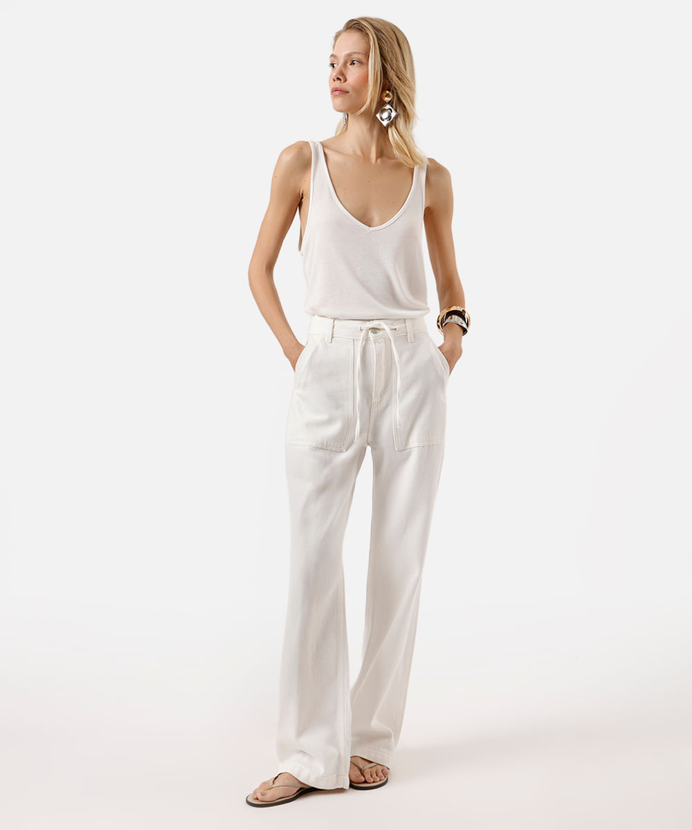 calça wide leg slim feminina de sarja texturizada off white