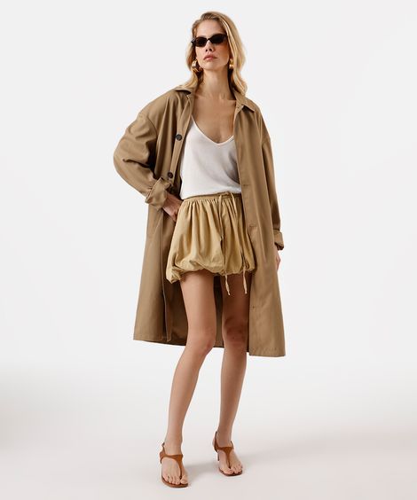 minissaia balonê feminina de sarja cós elástico bege