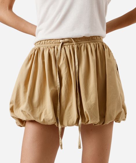 minissaia balonê feminina de sarja cós elástico bege