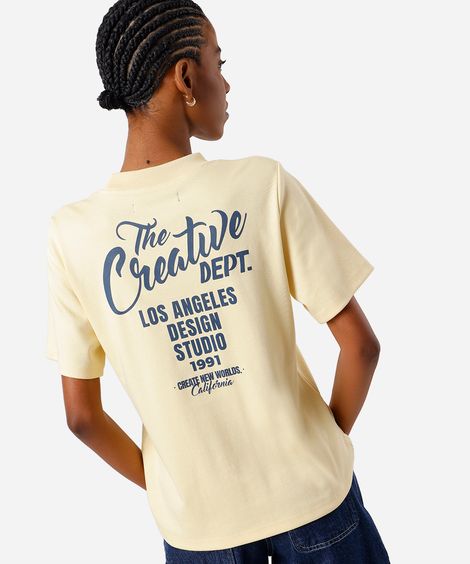 camiseta feminina de algodão estampada amarela