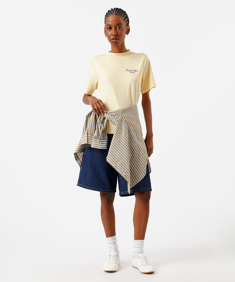 camiseta feminina de algodão estampada amarela