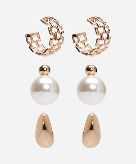 kit de 3 brincos pérola e argola dourado