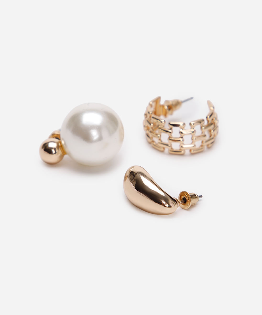 kit de 3 brincos pérola e argola dourado