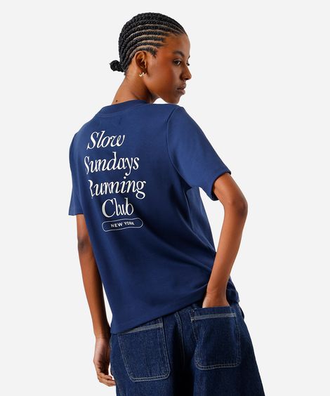 camiseta feminina de algodão peruano estampada azul